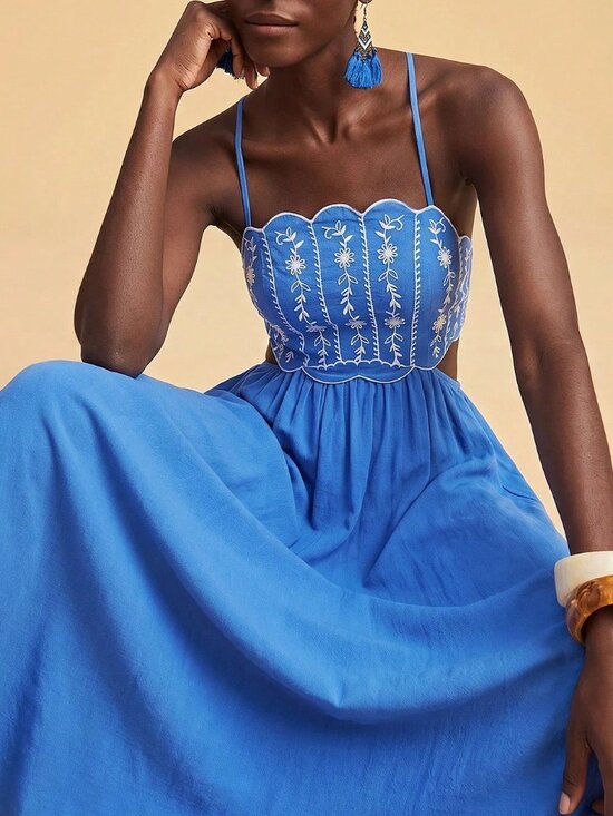 Dresses & Skirts - Royal Blue Boho Women's Floral Embroidered Elegant Backless Camisole Dress